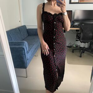 Realisation Par Polka Dot Midi Button Front Ruffle Dress Red Black XS